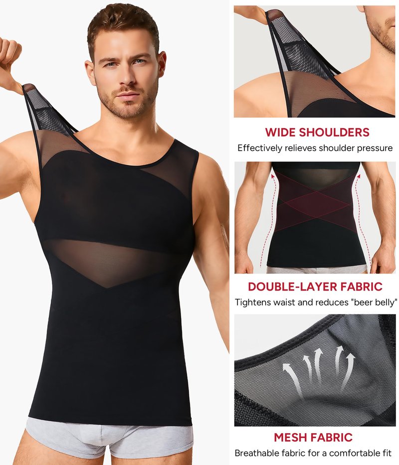 Nebility Mens Compression Shirt for Gynecomastia - Sleeveless Slimming Undershirts Body Shaper Vest Mesh Shapewear Workout Tank Tops Black