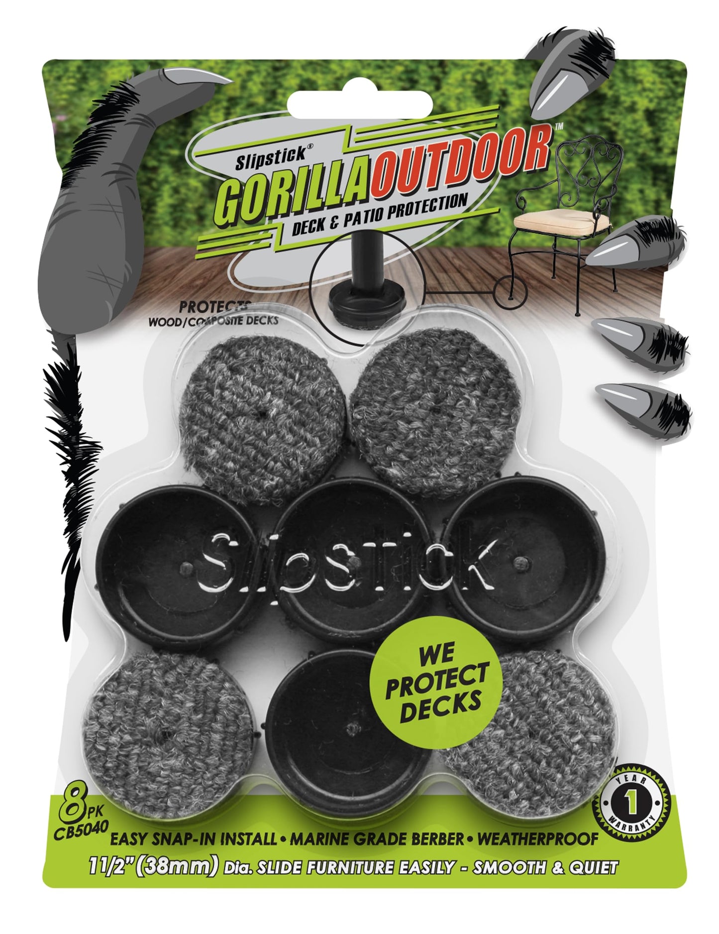 Don't Scratch Your Deck Gorilla Outdoor 1-1/2 Inch Patio Furniture Feet Caps (8 Pack) Floor Protecting Replacement Feet Glides for Metal Outdoor Furniture & Indoor, Weatherproof Berber Sliders