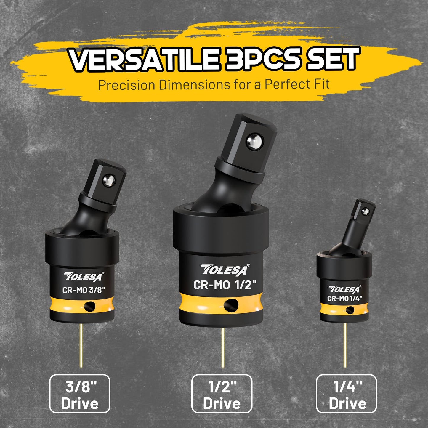 TOLESA Swivel Socket Set, Impact Universal Joint-Socket Set, 1/2", 3/8", 1/4" Flexible Socket Swivel Set Premium CR-MO Steel U Joint Adapter Wobble