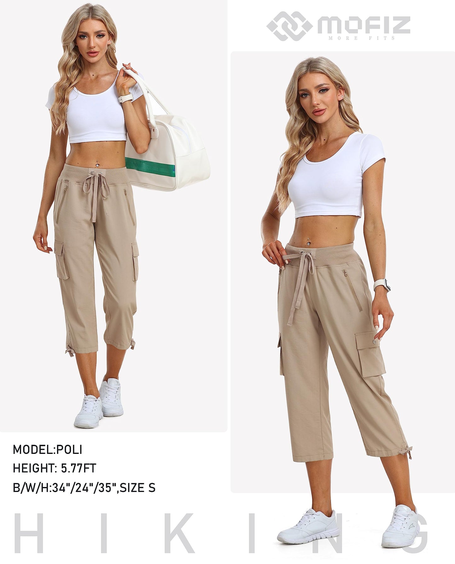MoFiz Womens Capris with Pockets Loose Fit Casual Capri Pants Lightweight Ladies Cargo Pants for Hiking Khaki XL
