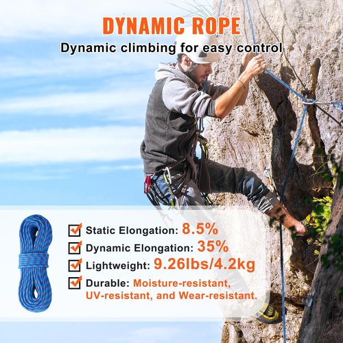 VEVOR 10.2mm Dynamic Climbing Rope, 60M(197ft) Outdoor Rock Climbing Rope 25KN Breaking Tension, Stretchable Fiber Rope for Escape, Rappelling, Fire Rescue, Blue