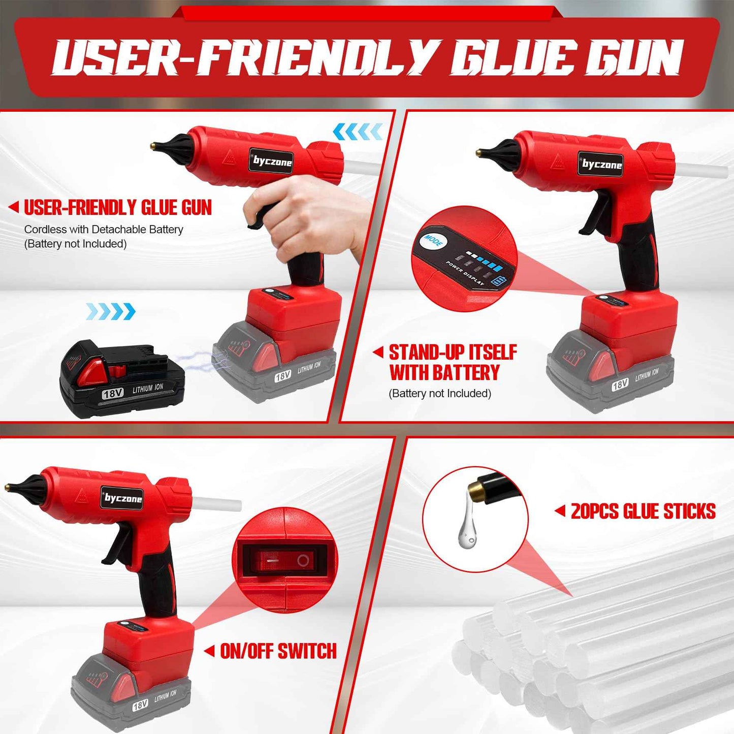 Cordless 100W Hot Glue Gun for Milwaukee M18 Battery, Handheld Wireless Power Heavy Duty Hot Glue Gun Full Size Kit with 20pcs Hot Glue Sticks for Home Repair, Arts & Crafts(Battery NOT Include)