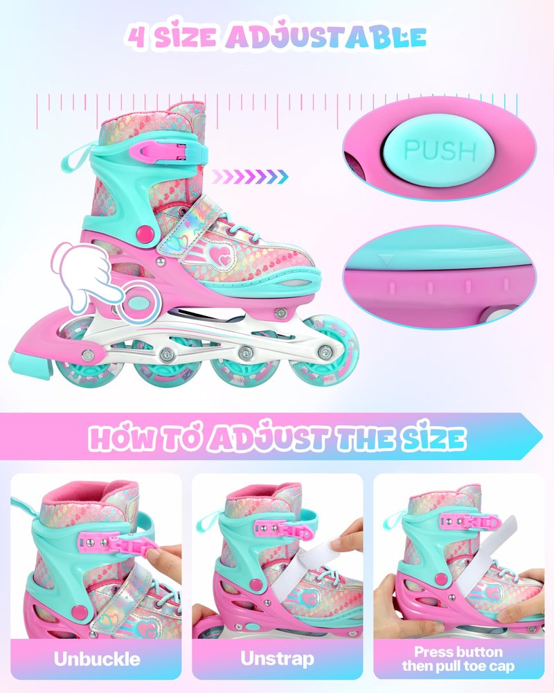 Sportneer Inline Roller Skates, Roller Boots Adjustable Size 2-7.5 with Illuminating Wheels Roller Blades Protective Gear Set for Gilrs Women