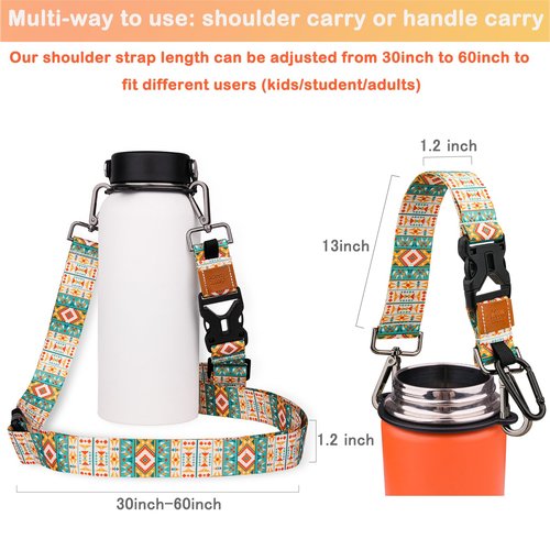 2 in 1 New Water Bottle Handle Shoulder Strap For Wide Mouth Hydro Bottle 12oz to 64oz, Woven Fabric Paracord Handle Strap Carrier Sling Shoulder Strap with Safety Ring and Carabiner (Art Print Blue)
