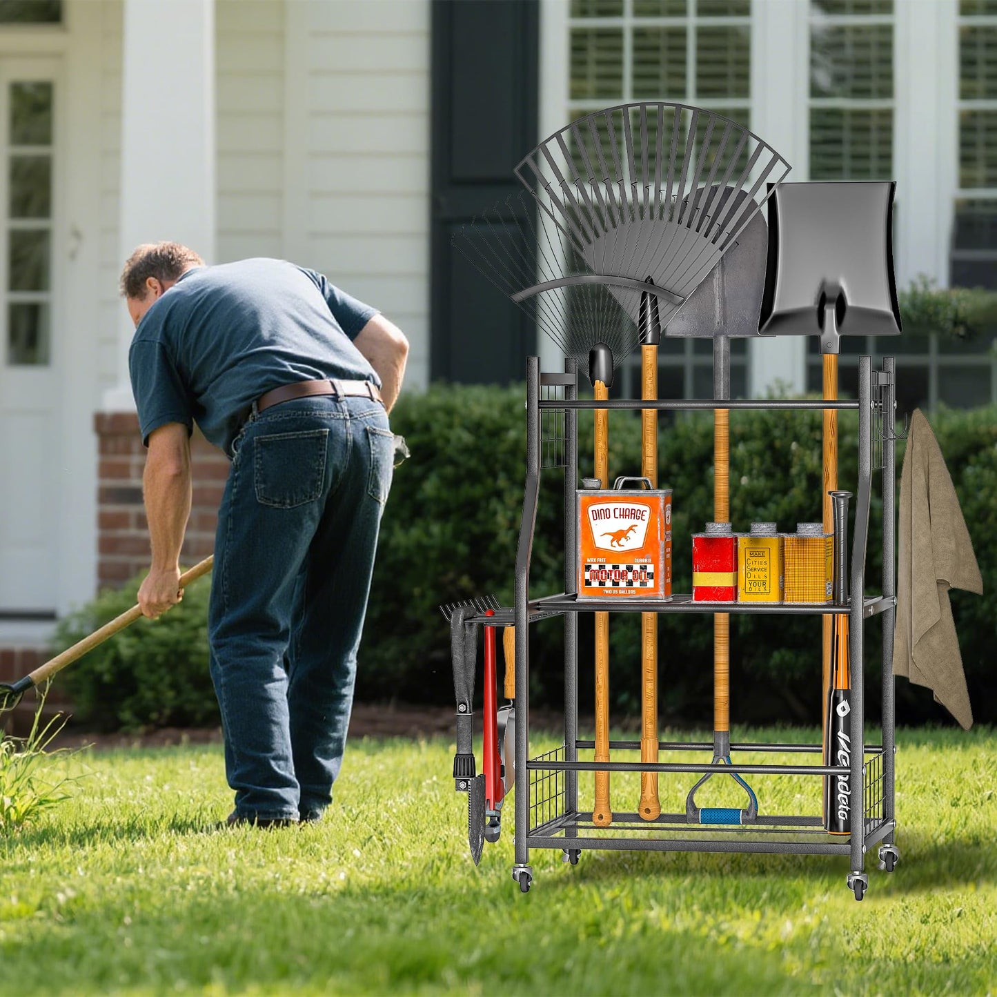 Ultrawall Garden Tool Organizer, Yard Tool Storage Stand for Garage with Lockable Wheels, Shed Tool Storage for Rake, Brooms, Indoor & Outdoor Use