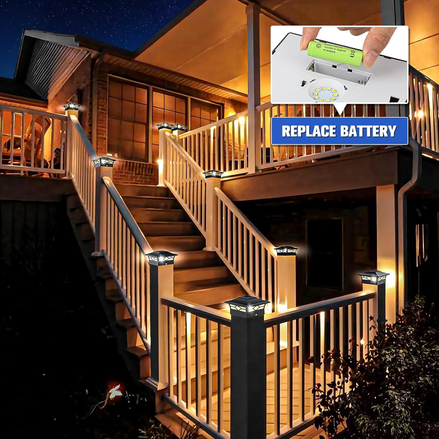 Solar Post Cap Lights 6-Pack - Waterproof LED Outdoor Lighting for 4x4 & 6x6 Decks, 2 Color Modes