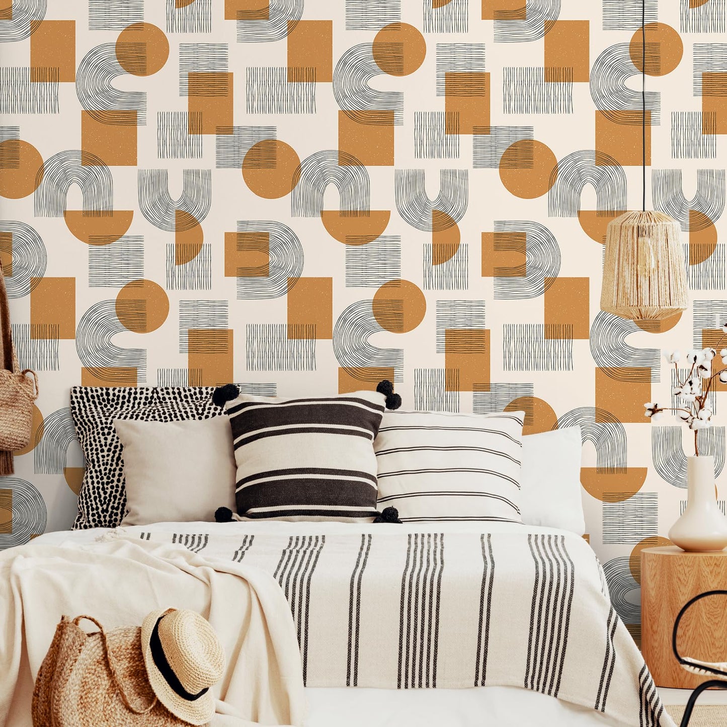 VEELIKE Boho Geometric Wallpaper Peel and Stick Mid Century Modern Wallpaper for Bedroom Bathroom Removable 17.7''x118'' Abstract Peel and Stick Wallpaper Geometric Contact Paper for Walls Shelves