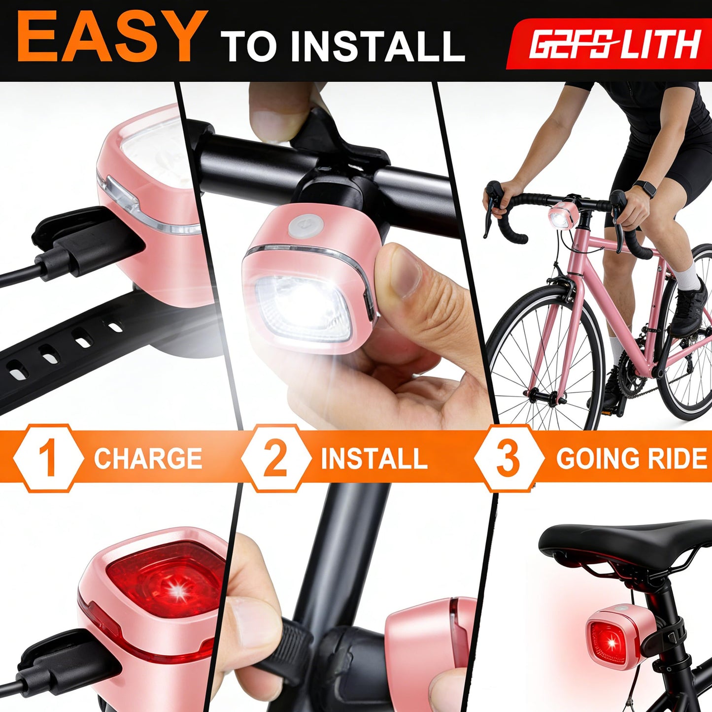 G2FS LITH Bicycle Front & Rear Lights, Type-C Rechargeable LED Bike Light Set, IPX6 Waterproof Flashlight for Night Riding, Safety Headlight Taillight, Kids Girls Children's Bicycle Accessories (Pink)
