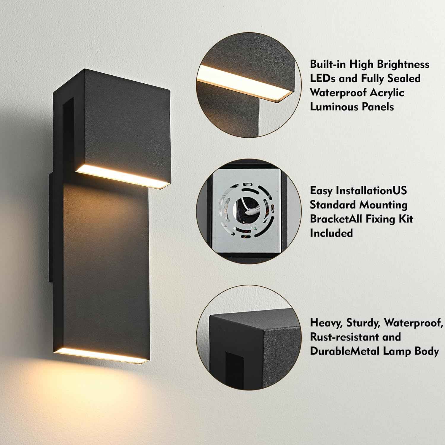 LED Outdoor Wall Sconce 3000K - Waterproof 18W Black Porch Light Fixture for Garage & Balcony