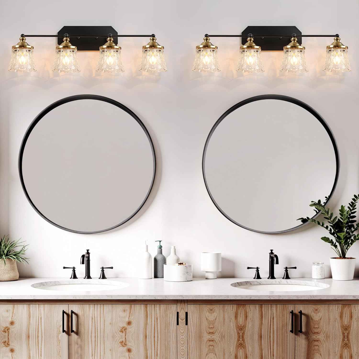 3-Light Vintage Bathroom Vanity Light Fixture - Black & Gold Antique Design with Crystal Glass Shade