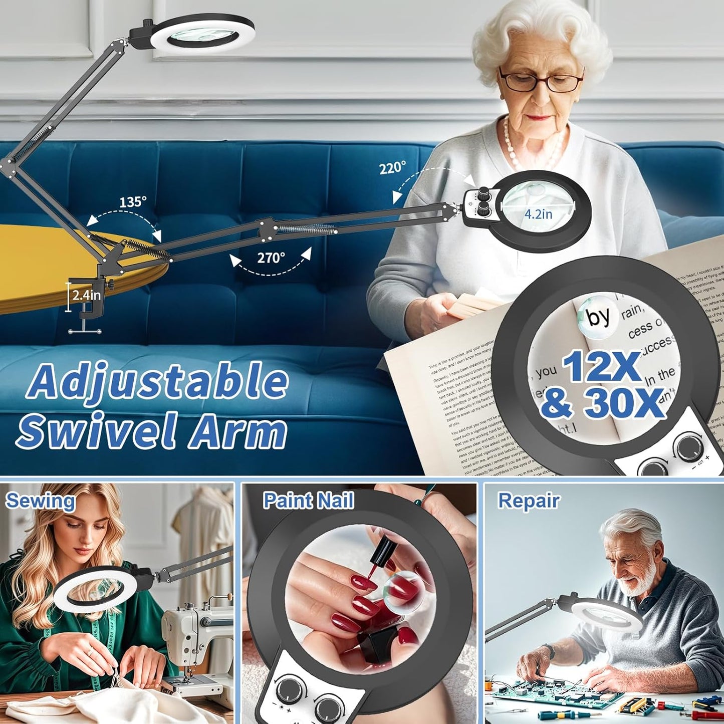 12X LED Magnifying Glass with Light & Clamp - Hands-Free Desk Lamp for Crafting & Reading