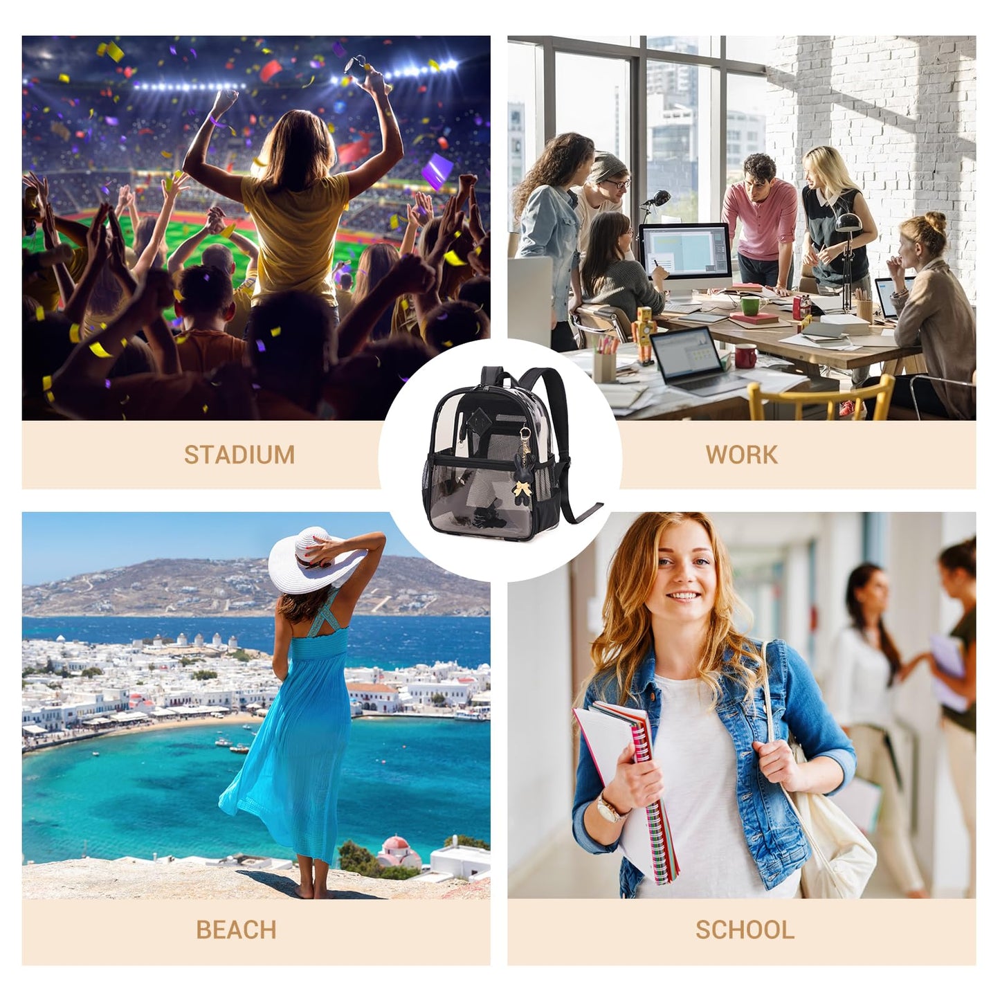 MUSEVOS Clear Backpack for Stadium Events Approved 12×6×12, Thick TPU Mini Clear Bag with Front Pocket for Concert Sport Events Work Travel, Black