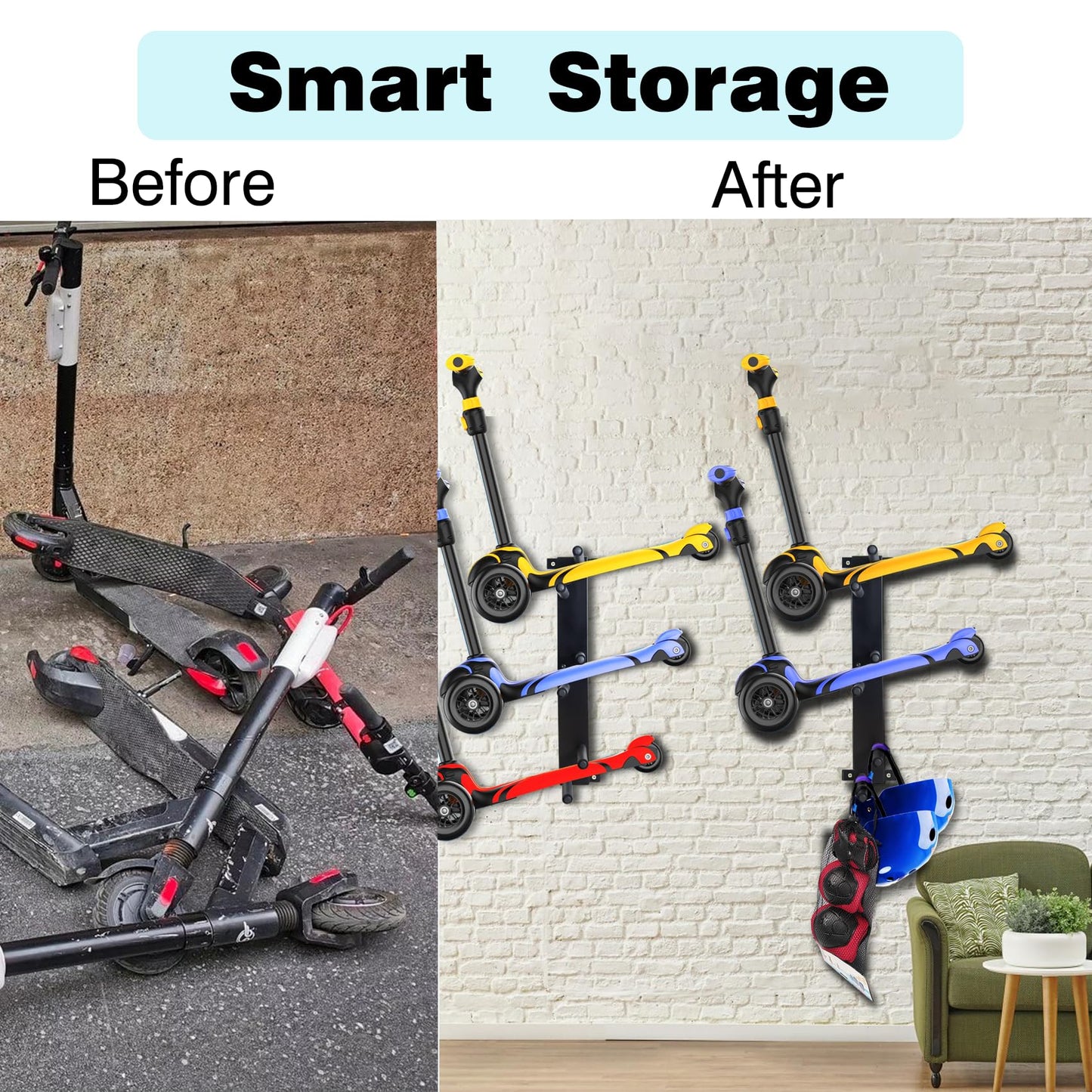 ztysn Scooter Wall Mount Rack Garage Storage Stand For Multiple Scooters Holder For 3 Electric Scooter, Metal Organizer(Black)