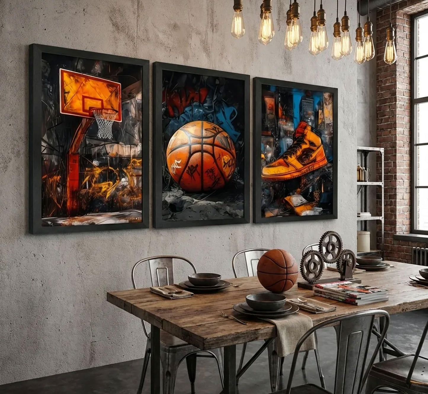 3Pcs Black Solid Wood Frame Graffiti Basketball Canvas Wall Art 12x16in