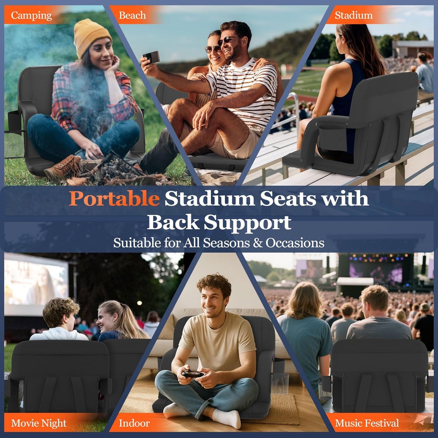 Seeutek Heated Stadium Seats - Comfortable Bleacher Chair with Back Support & 3 Heat Levels | 23-Inch, 5 Pockets