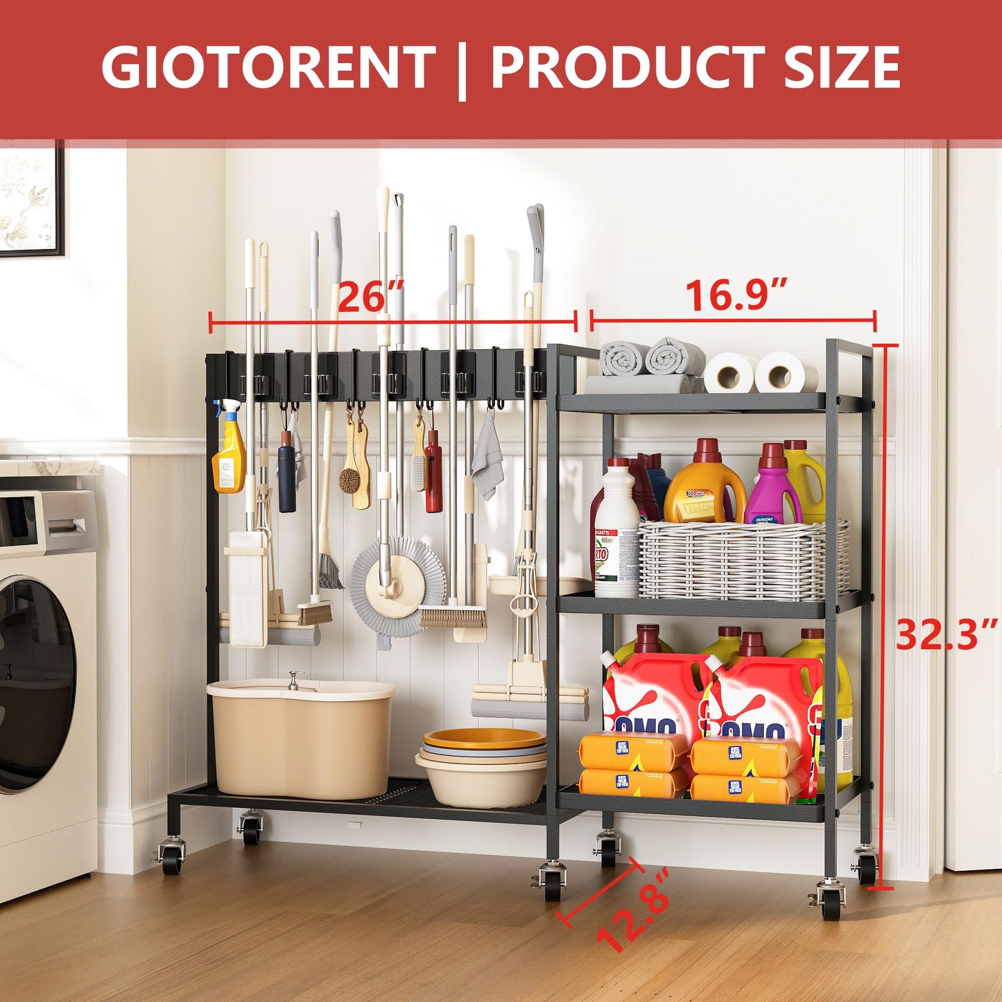 GIOTORENT Metal Cleaning Cart with Wheels - Rolling Broom Holder & Supplies Organizer, 10 Adjustable Clips, 5 Double-Hooks, 3-Tier Shelves, Brakes for Home, Commercial, Black