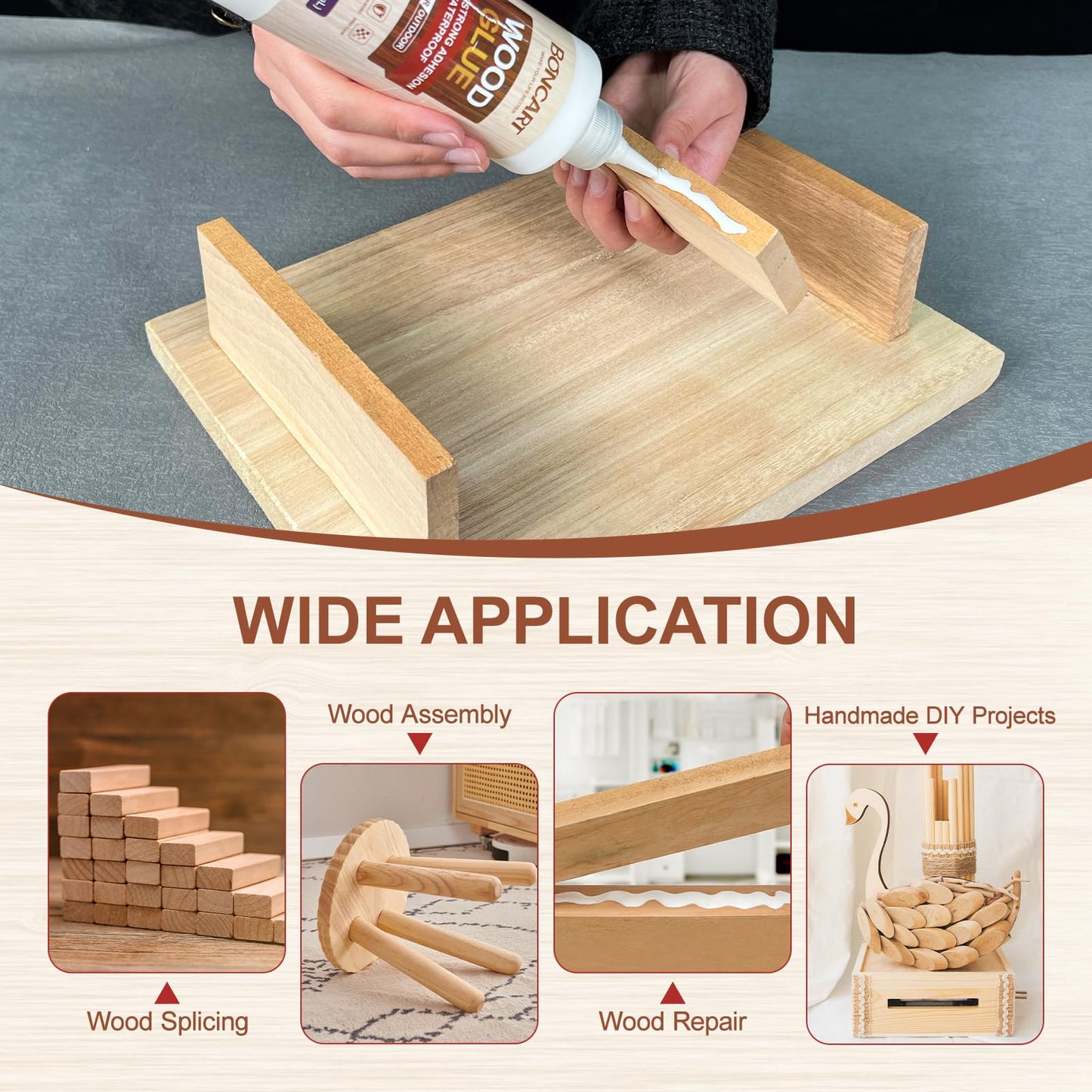 Boncart Super Strong Wood Glue, 8.45fl.oz Clear, Waterproof for Heavy Duty Woodworking, Furniture Assembly (1 Pack)