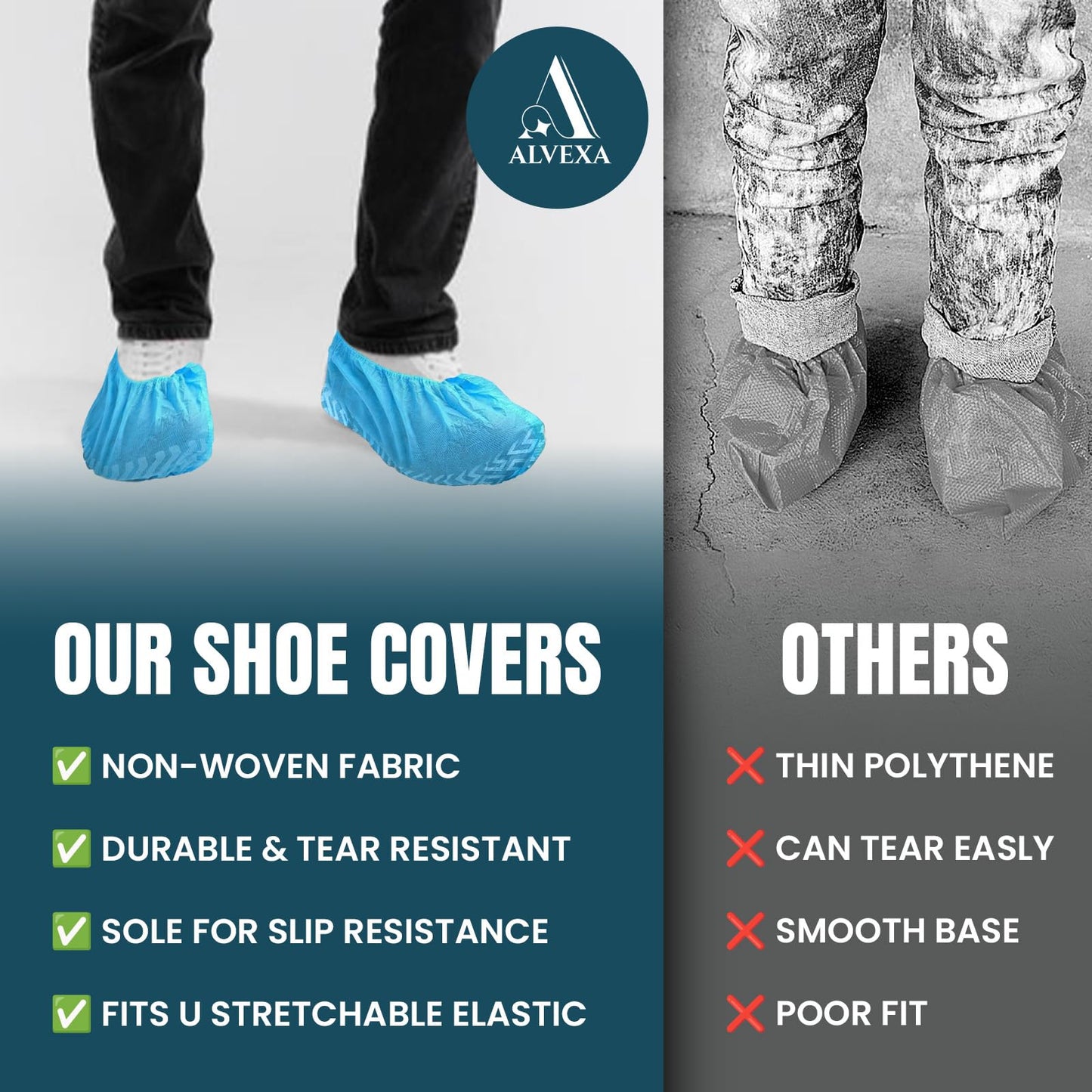 Alvexa Shoe Covers Disposable Non-Slip, Large 50 Count, Premium Cloth Boot Covers, Slip-Resistant, Durable, Breathable, Non-Toxic, Recyclable booties for shoes covers – Fits Men 11/Women 13 – Blue