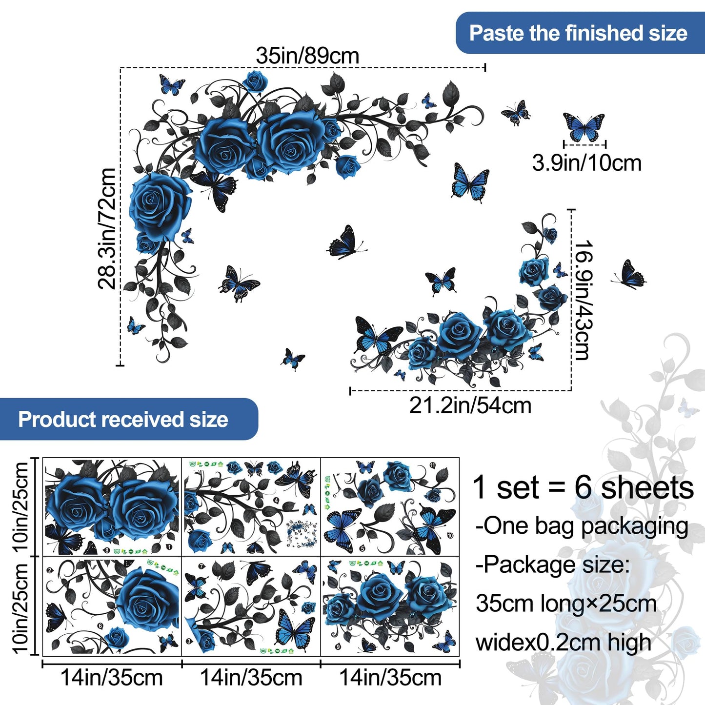 Removable Blue Floral Rose Wall Decor 3D Peel and Stick Flower Vine Black Plants Vines Leaf Wall Stickers Flying Butterfly Wall Decals for Kids Girls Baby Bedroom Nursery Living Room (Blue)
