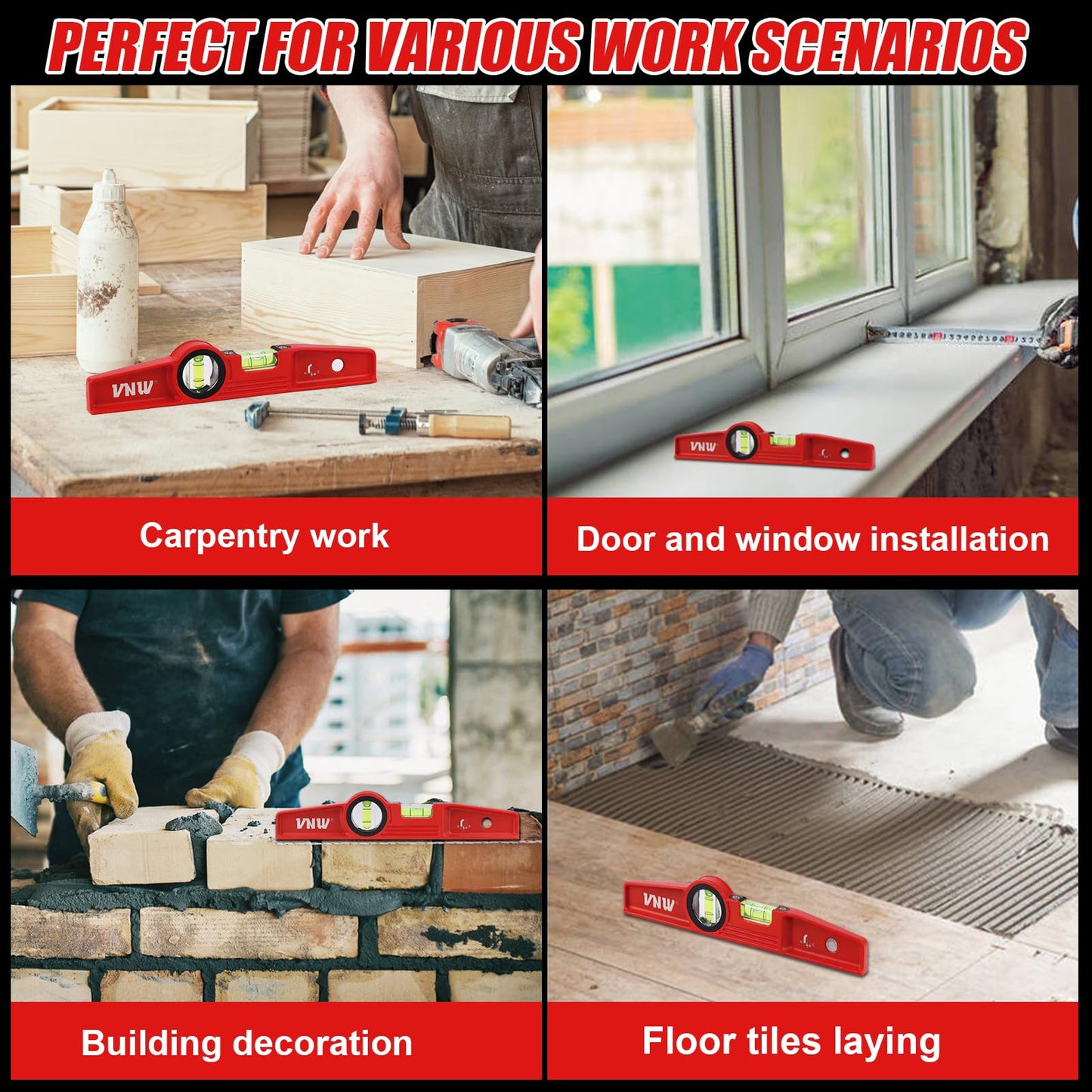 10 Inch Aluminum Die-Cast Magnetic Torpedo Level, with 90°/180° Bubble Vials, Shock Resistant Leveler Tool for Woodworking,Construction and Home Renovation
