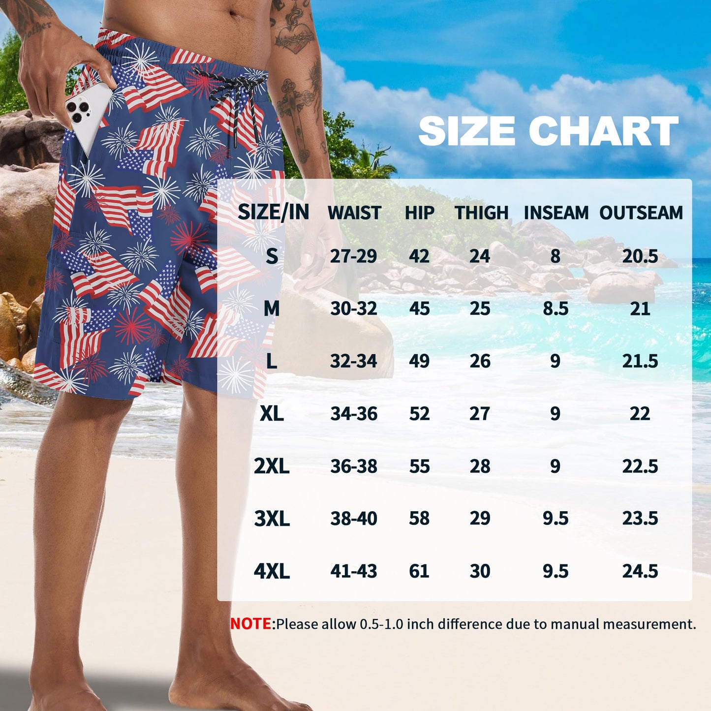 Mens Swim Trunks with Boxer Brief Compression Liner, Navy American Flag Men Bathing Suit Swimming Trunks 9" Zipper Pockets Board Shorts Men's Swimwear, Quick Dry Beach Shorts Swimsuits, XL