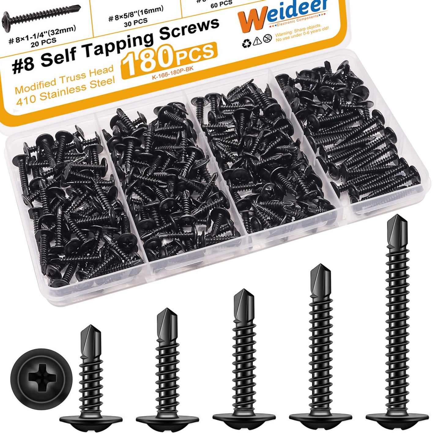 weideer 180pcs #8 Self Tapping Screws for Metal, Sheet Metal Screws, 410 Stainless Steel Black Oxide Truss Head Screws,Self Drilling Screws,Quick Tapping Screw 1/2" 5/8" 3/4" 1" 1-1/4" K-166