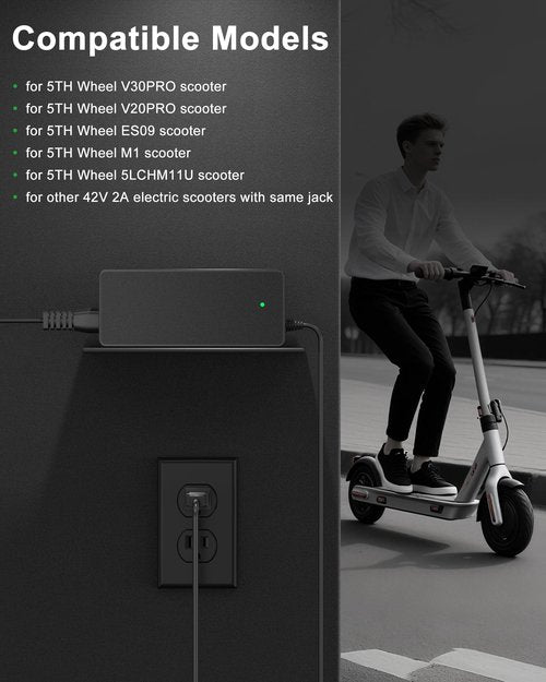 VHBW Replacement for 5th Wheel Electric Scooter Charger, 42V 2A Electric Scooter Charger Compatible with 5th Wheel V30PRO, M1, ES09, 5LCHM11U, DC Barrel Power Adapter with LED Indicator