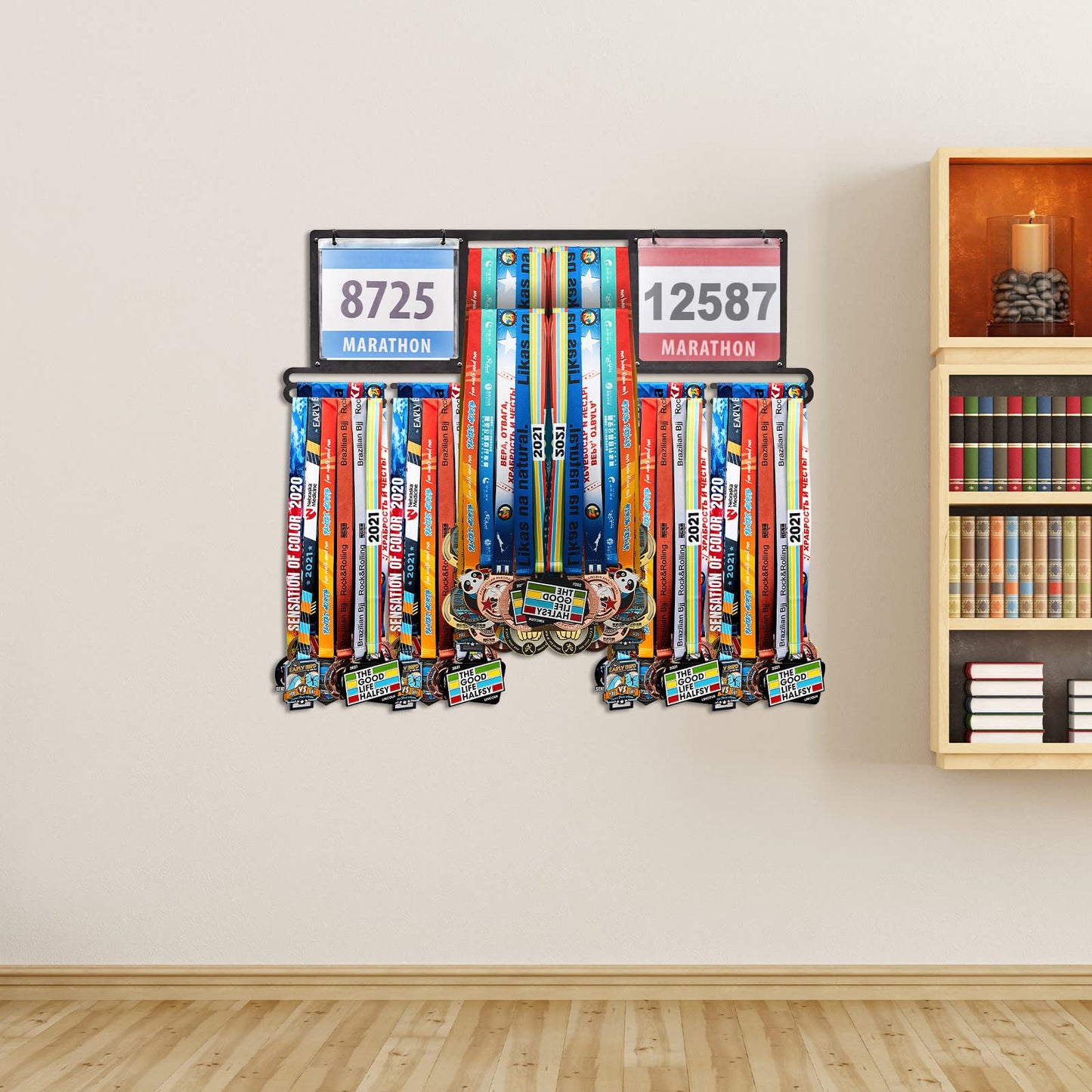 Shimeyao Race Bib and Medal Display Hanger, Metal Rack Holder Wall Mounted Award Rack for Runners, Displays Over 100 Medals and 200 Race Bibs(Black)