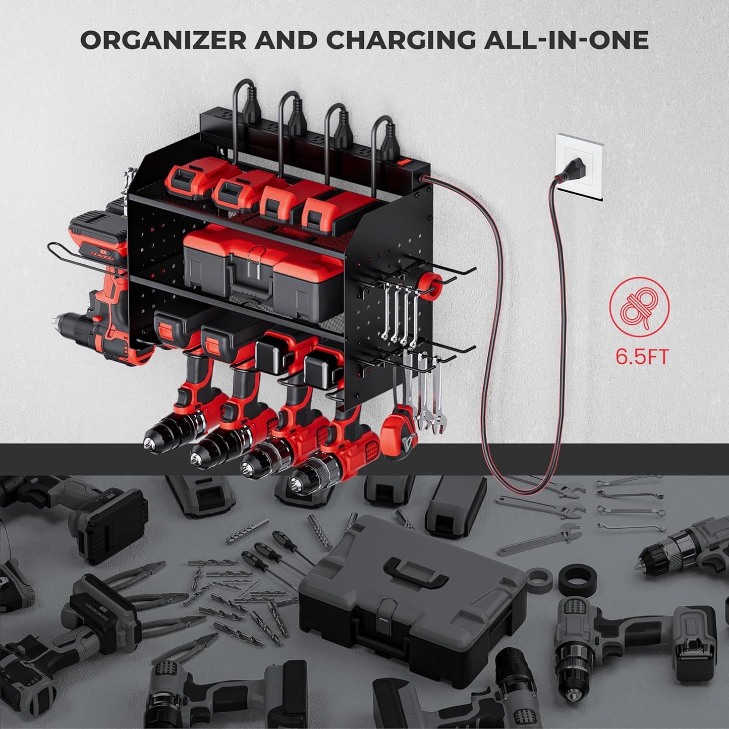 Power Tool Organizer Wall Mount - 3-Layer Charging Station with 8 Outlets & 6 Drill Holders - Efficient Garage Storage Solution (Black)