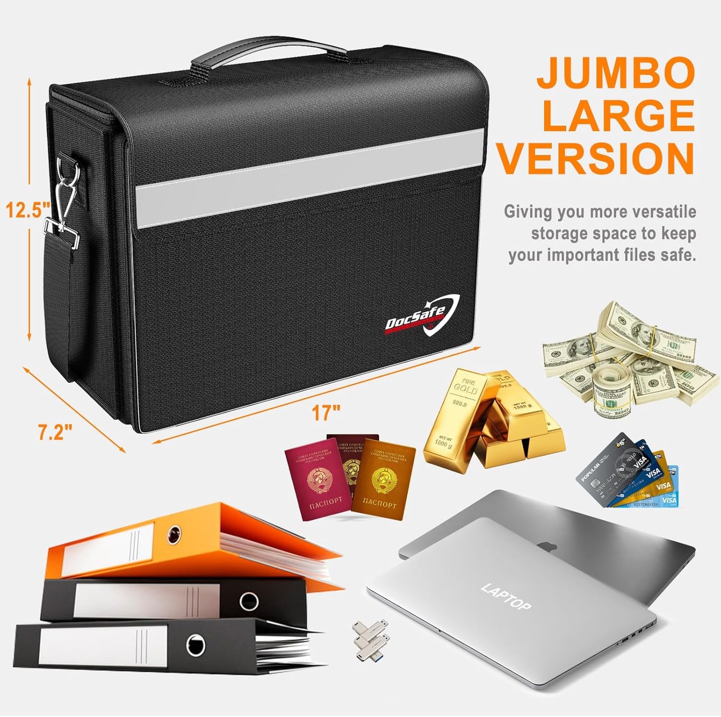 Fireproof Document Bag - Large 17”x12.5”x7.2” Waterproof Organizer with Multiple Pockets for Home & Office