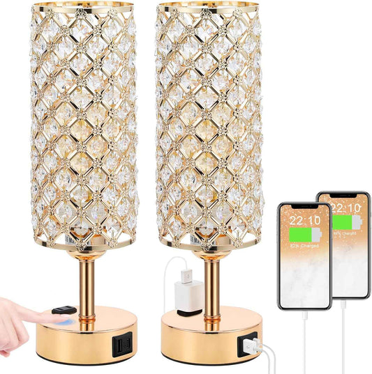 Dimmable Gold Table Lamps Set of 2 with USB-C Ports - 3-Way Crystal Nightstand Lights for Bedroom & Home Office (Bulb Included)