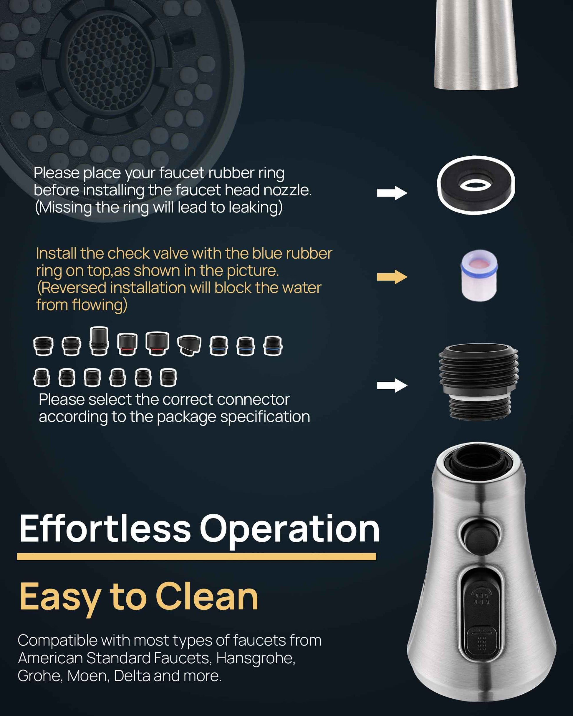 J-HVA Kitchen Faucet Head, Pull Down Kitchen Sink Sprayer Head Replacement for Kitchen Faucet, 3 Functions High Pressure Sink Spray Nozzle, Spray Head with 15 Adapters, Brushed Nickel