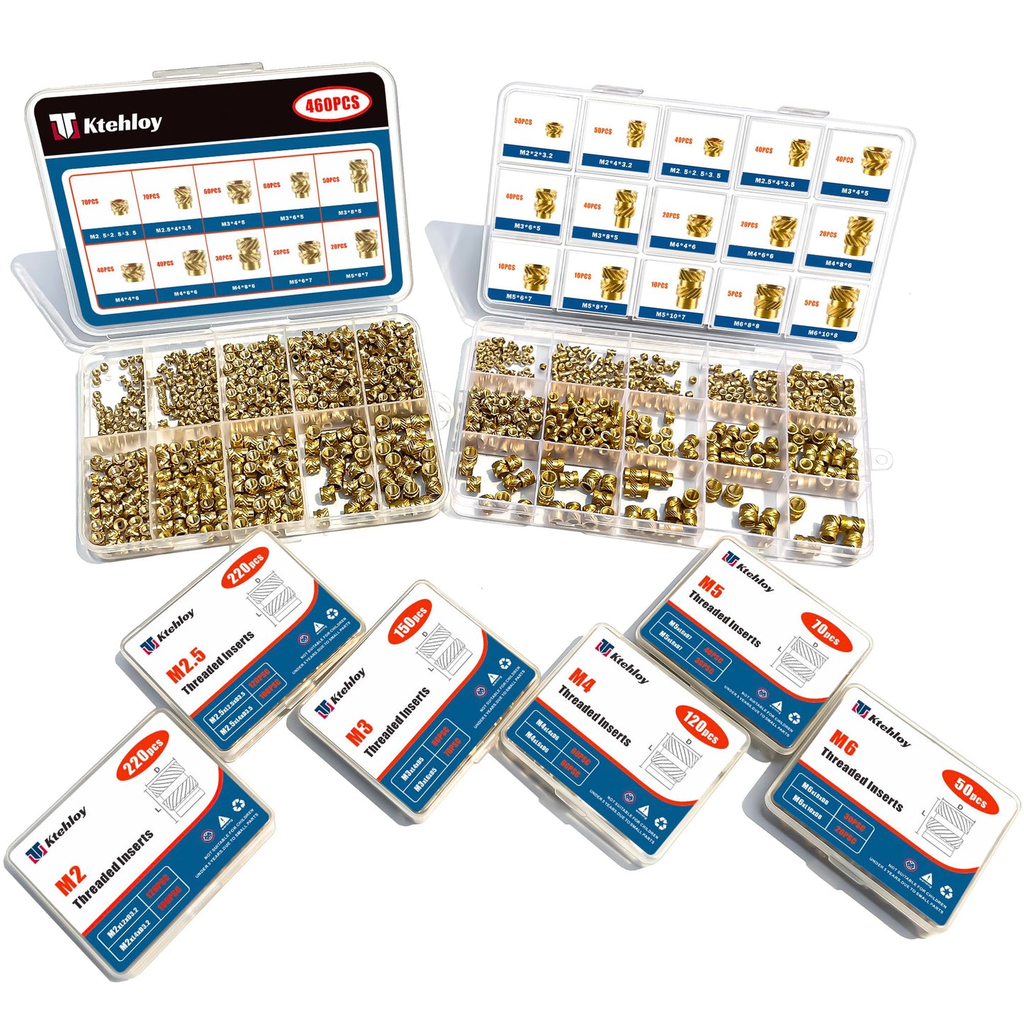 Ktehloy 150Pcs M3 Threaded Inserts, M3 Female Thread Metric Knurled Nuts Assortment Kit, Brass Heat Set Insert for Plastic and 3D Printing Components (M3x4x5, M3x6x5)