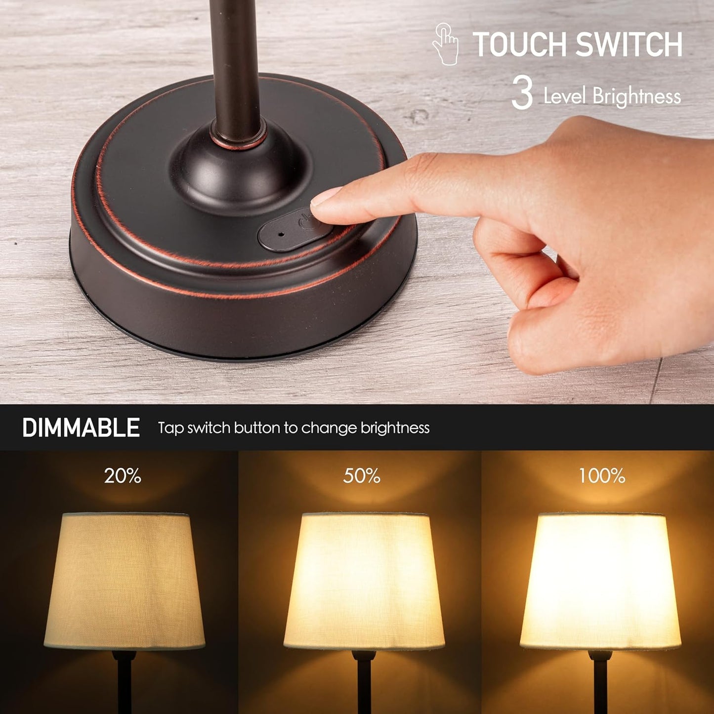 Cordless LED Table Lamp with Dimmer - O’Bright Seraph, Rechargeable Battery, 3-Level Brightness, Perfect for Patio & Bedside