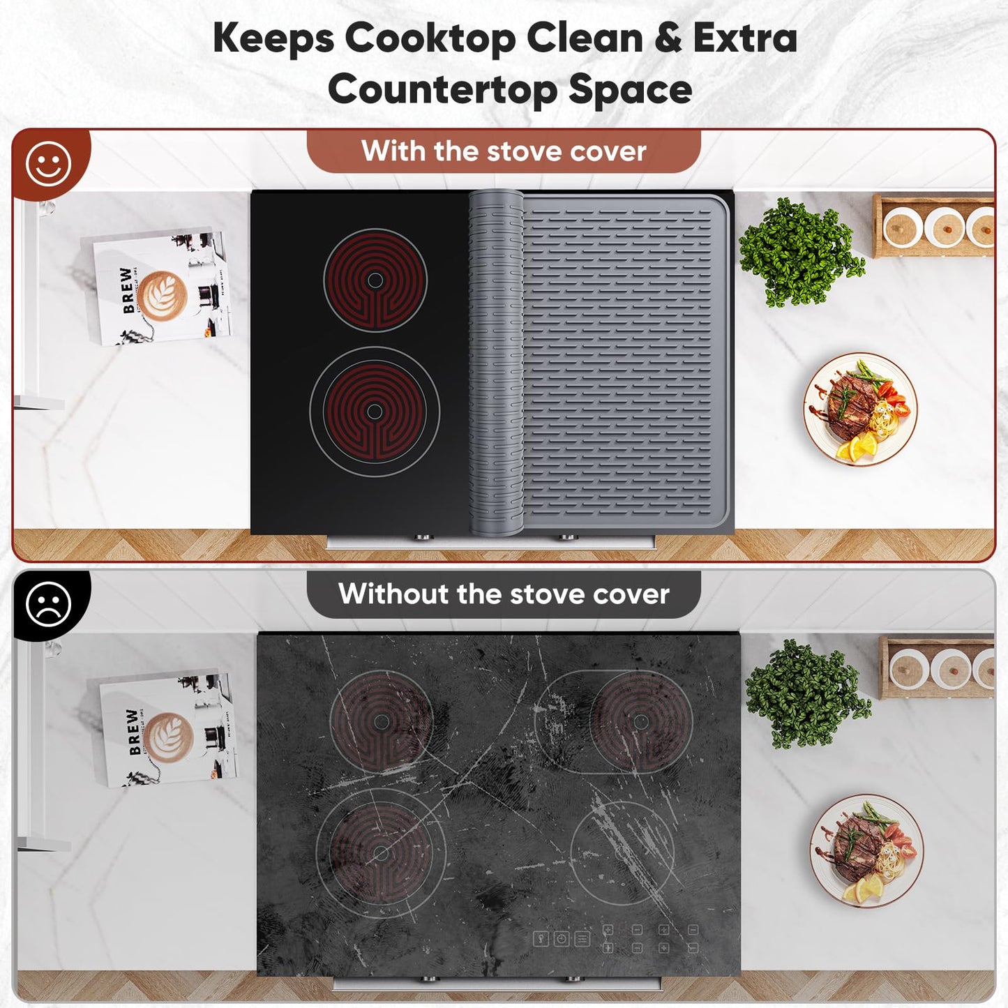 IKANFI Stove Top Cover for Electric Stove, Dish Drying Mat for Kitchen, Glass Cooktop Protector, Heat Resistant Waterproof Foldable Anti-Slip Silicone Mat (Gray, 30''L x 21''W)