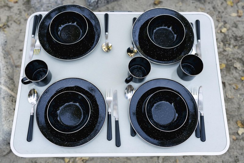Stansport Deluxe 24-Piece Enamel Tableware Set - Black (11220-20) - Enamel Plates and Bowls Lightweight and Durable Camp Dish Set for Camping and Backpacking Plates and Bowls for 4 People