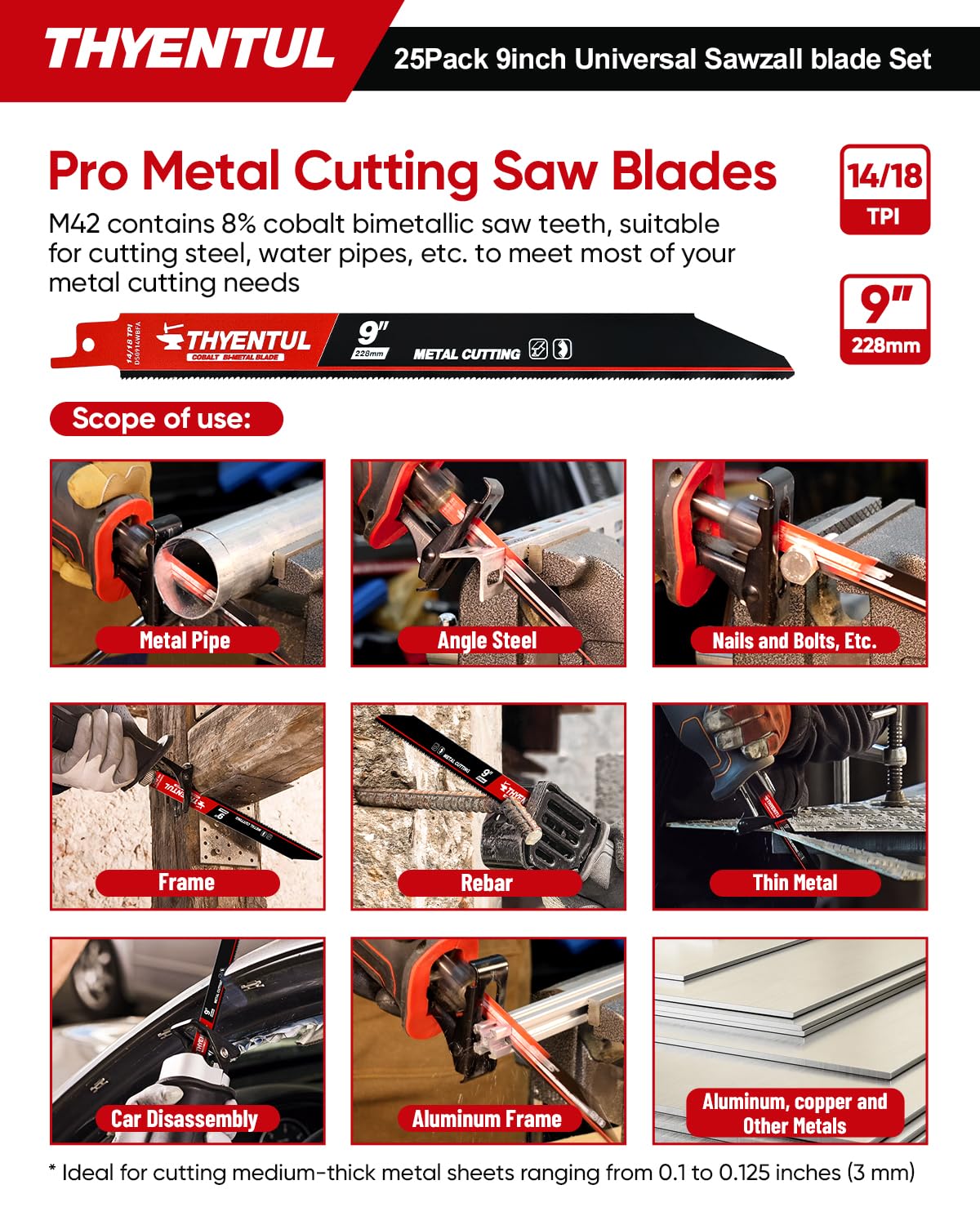 25-Pack 9-Inch Bi-Metal Reciprocating Saw Blades - 14/18 TPI for Medium Metals