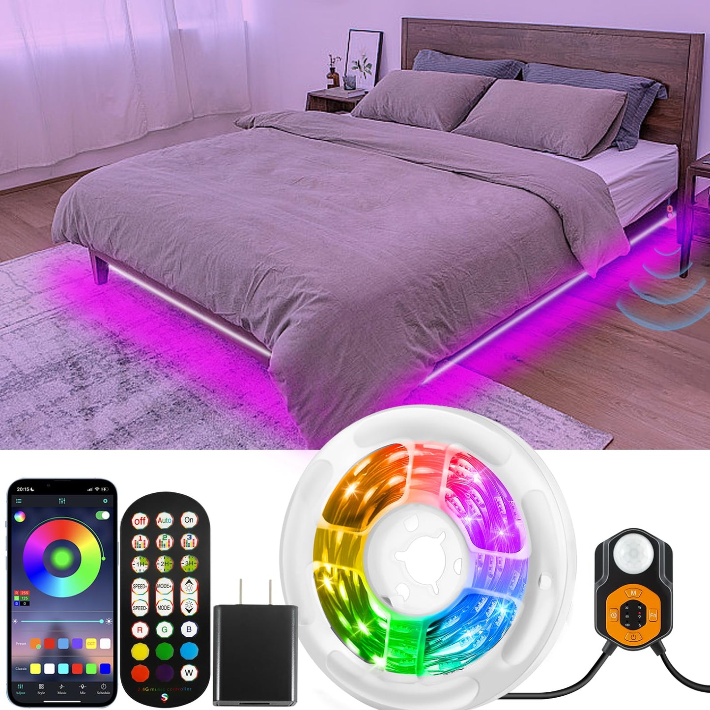 Motion Sensor LED Light Strip 19.68ft Under Bed Lights, RGB 3 Mode Motion Activated Bed Light with Music Sync and Timer, Dimmable Color Changing LED Lights