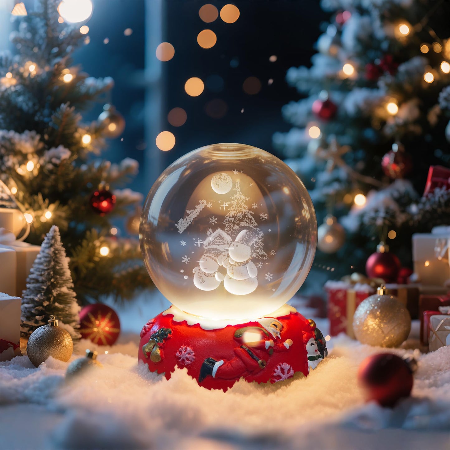 L LOHAS LED 3D Crystal Ball Night Light-Laser Engraved Snowman with Red Holiday Base,Cute & Funny Christmas Night Light for kids, 3000K Warm White for Christmas Party Decor