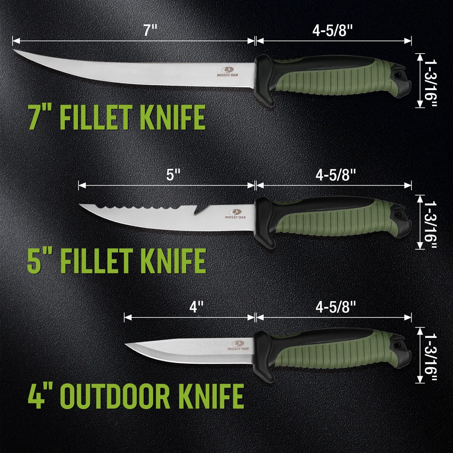 Mossy Oak 3-Piece Fishing Fillet Knife Set with Protective Sheath, Stainless Steel Filet Knives with Non-Slip Handle, Bait Knife for Filleting and Boning (Military Green)