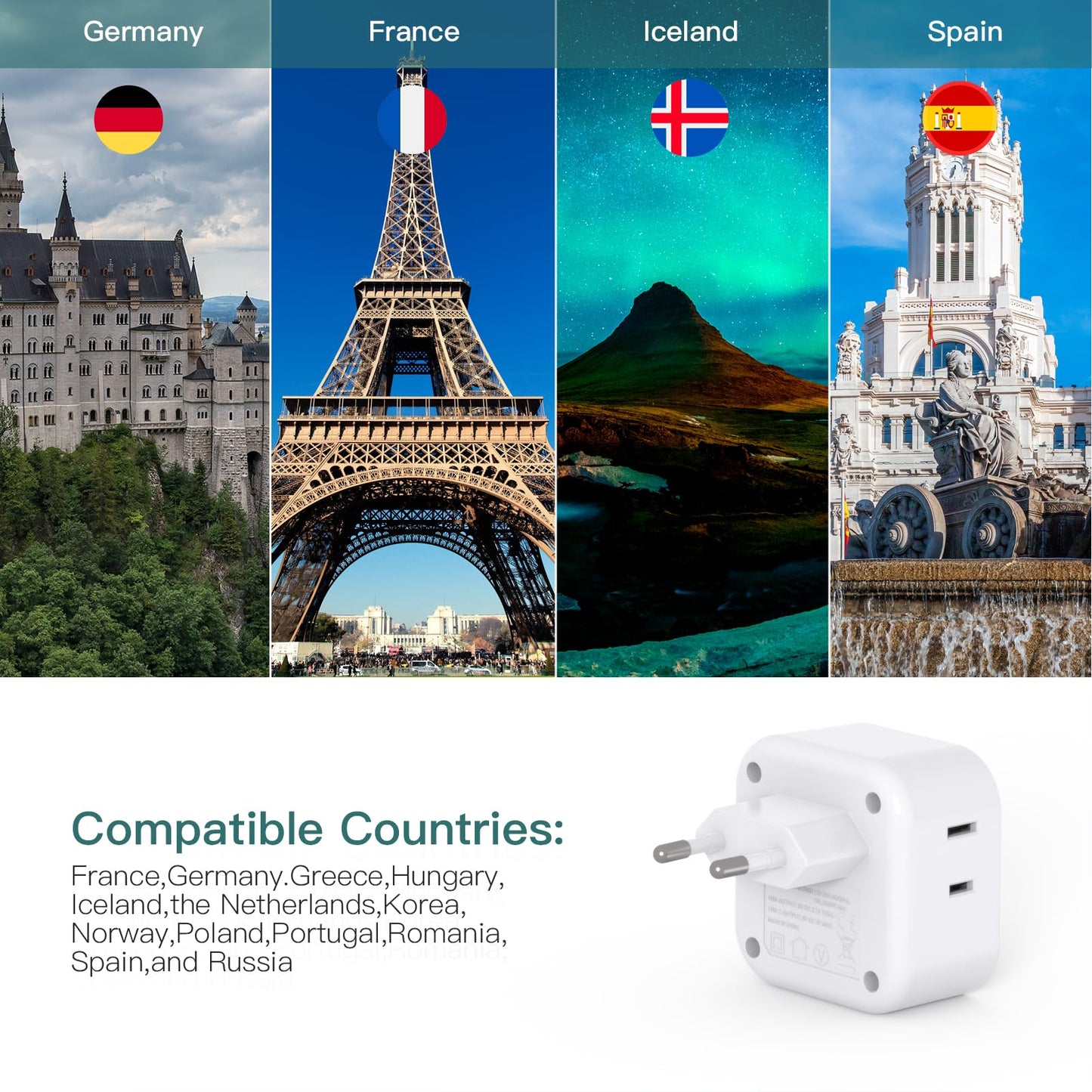 2 Pack European Travel Plug Adapter, US to Europe Plug Adapter with 3 Outlets 3 USB Charging Ports(2 USB C), Type C Adapter Travel Essentials to Most Europe EU Spain Italy France Germany Iceland