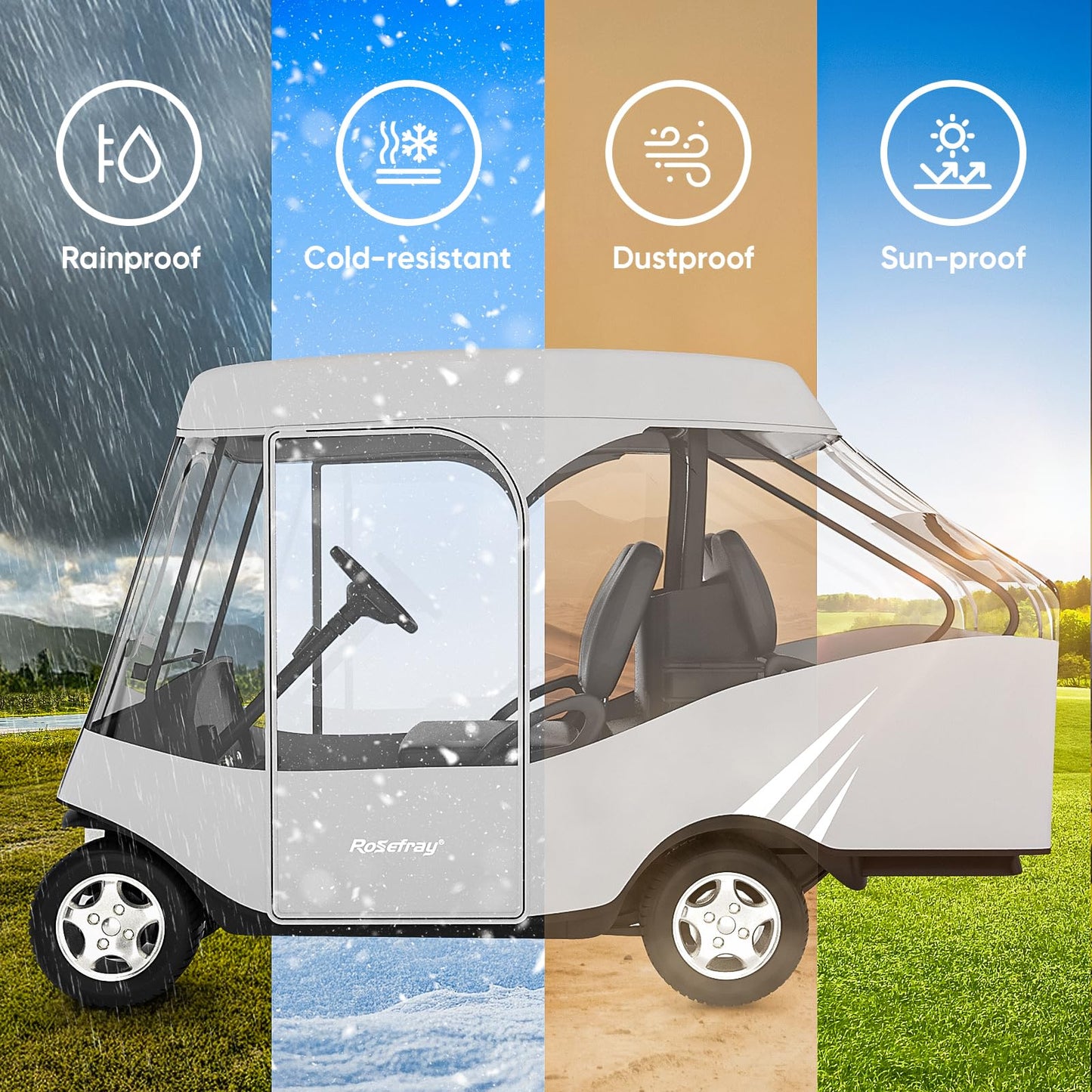 Rosefray Golf Cart Enclosure, 600D Waterproof 4 Passenger Driving Enclosure with Clear PVC Windshield, Short Roof 58" for EZGO, Club Car- Durable Door Zipper - 2+2 Golf Cart Rain Cover-Black