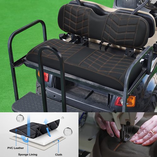 iLSKW Golf Cart Seat Cover PVC Thinck Leathur Rear Seat with Arrow Shape, No Stapler Required for Golf Cart Clubcar Ezgo Yamaha Seat Cover with Brown Stitching