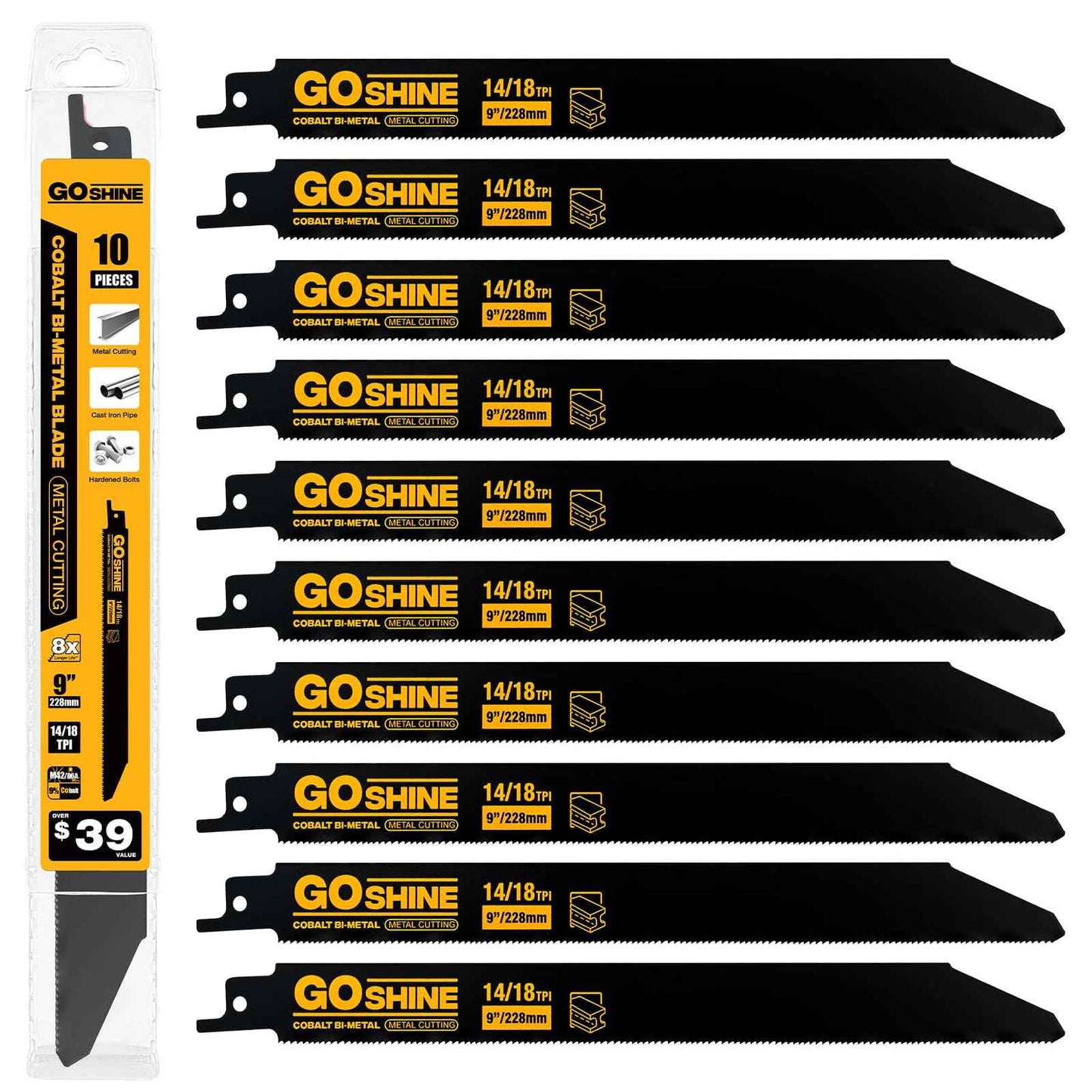 10 Pack 9 inch 14/18TPI Reciprocating Saw Blades, M42 Teeth with 9% Cobalt Bi-Metal Blades,for Automatic Dismantling Sawzall Blades for 1/16-5/16 Medium Metals
