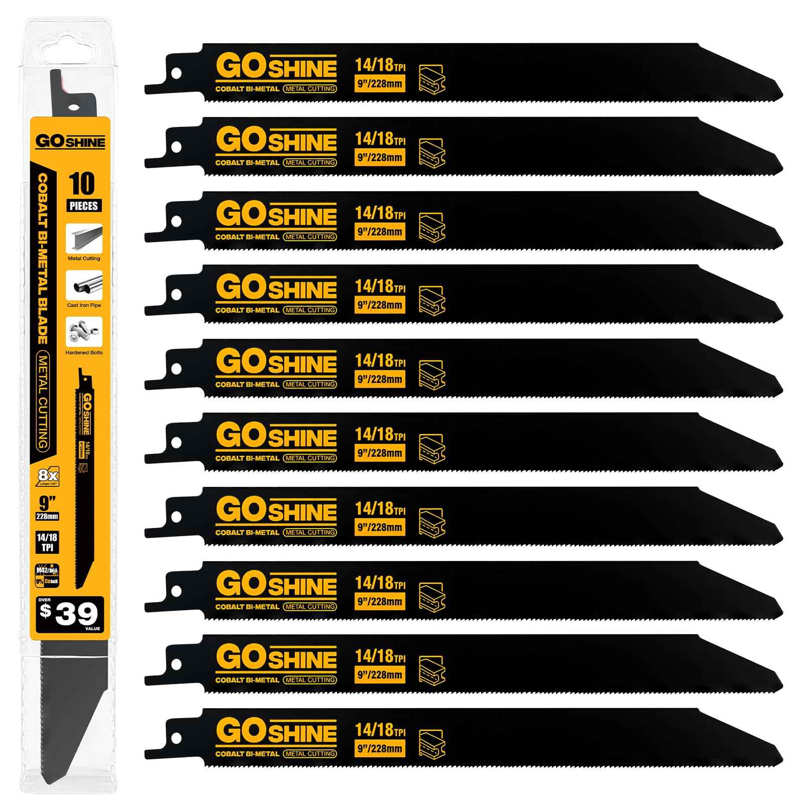 10 Pack 9 inch 14/18TPI Reciprocating Saw Blades, M42 Teeth with 9% Cobalt Bi-Metal Blades,for Automatic Dismantling Sawzall Blades for 1/16-5/16 Medium Metals