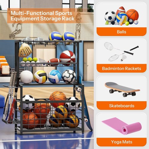 HOOBRO Ball Storage Rack - Heavy Duty Sports Equipment Organizer with Basket & Hooks | Black