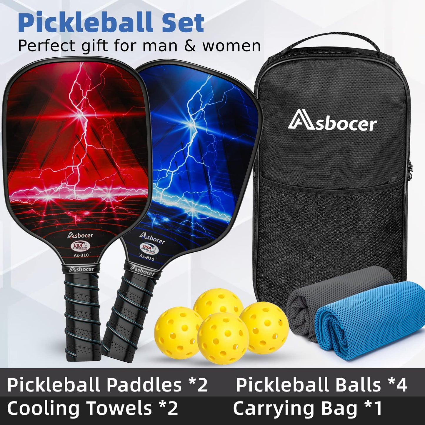 Asbocer Fiberglass Surface Pickleball Set, USAPA Approved, 4 Pickleball Balls, 2 Cooling Towels, Pickleball Bag, Pickleball Paddle,Set of 2