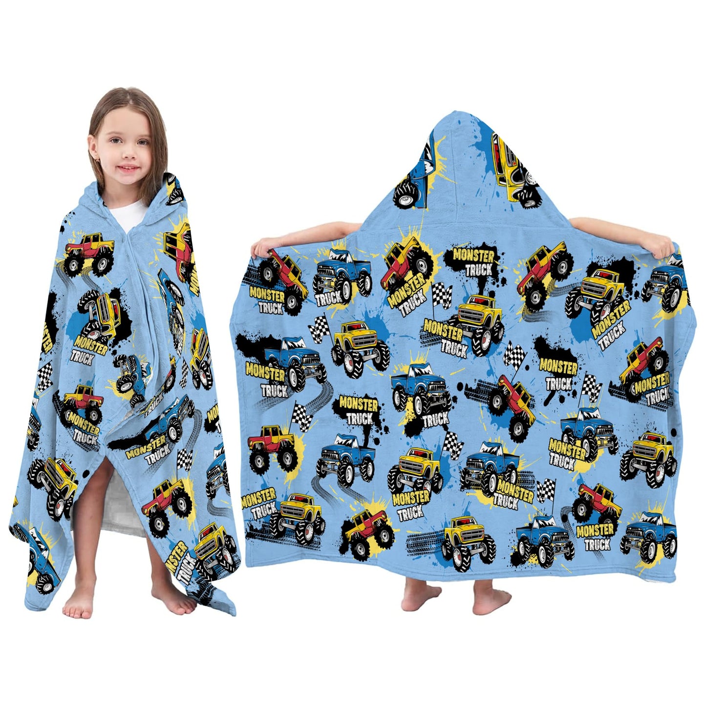 Fiwbnasz Truck Hooded Beach Towel for Kids, Monster Hooded Towels for Toddlers 30" x 50", Kids Beach Towels for Pool, Travel, Swim, Cars Wearable Bath Towel for Boys, Teens