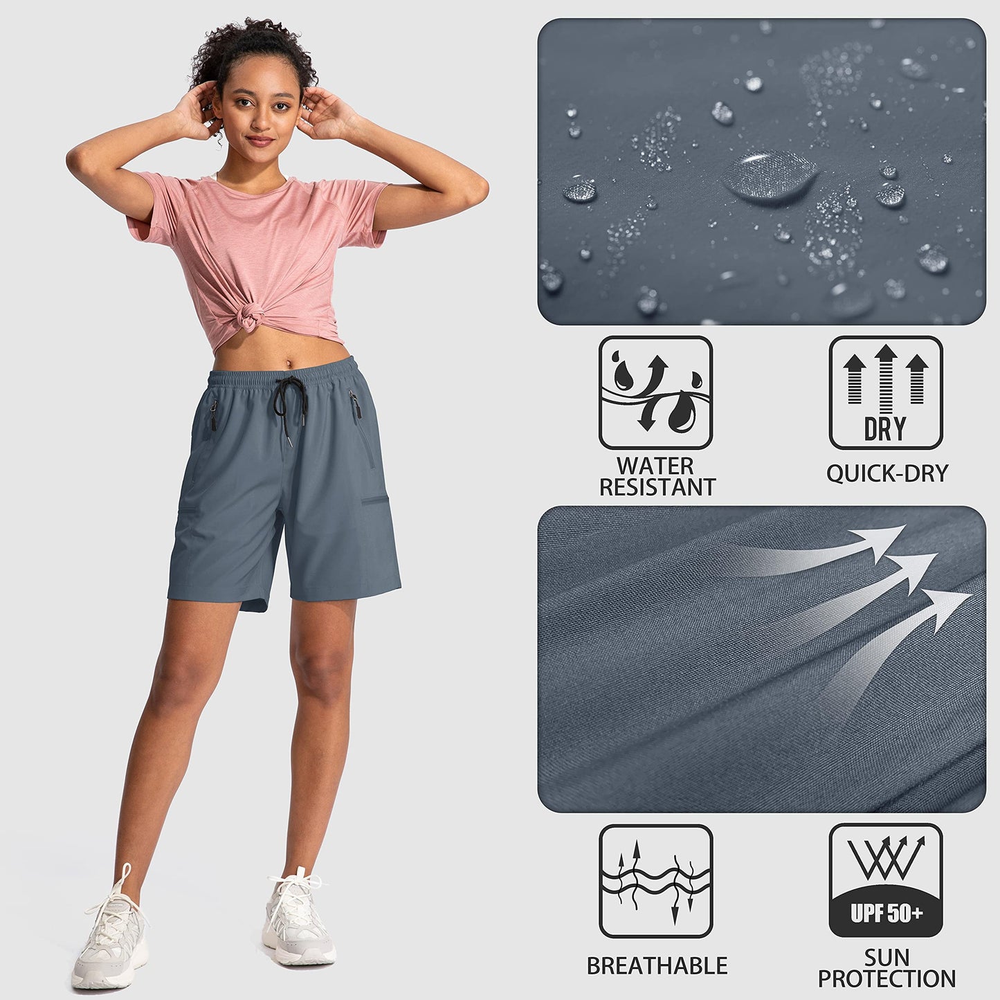SANTINY Women's 5''/ 7''/9'' Hiking Cargo Shorts Quick Dry Lightweight Summer Shorts for Women Athletic Golf Zipper Pockets(Dusty Blue_XXL)