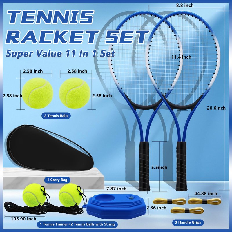 ZHUOKECE 21" Tennis Rackets for Kids, 2 Players Recreational Tennis Rackets Set for Beginners with 4 Tennis Balls, 3 Overgrips, 1 Tennis Bag (Blue)